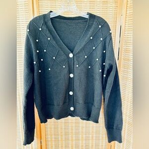 Soft black Cardigan with pearly accents v neck style sweater